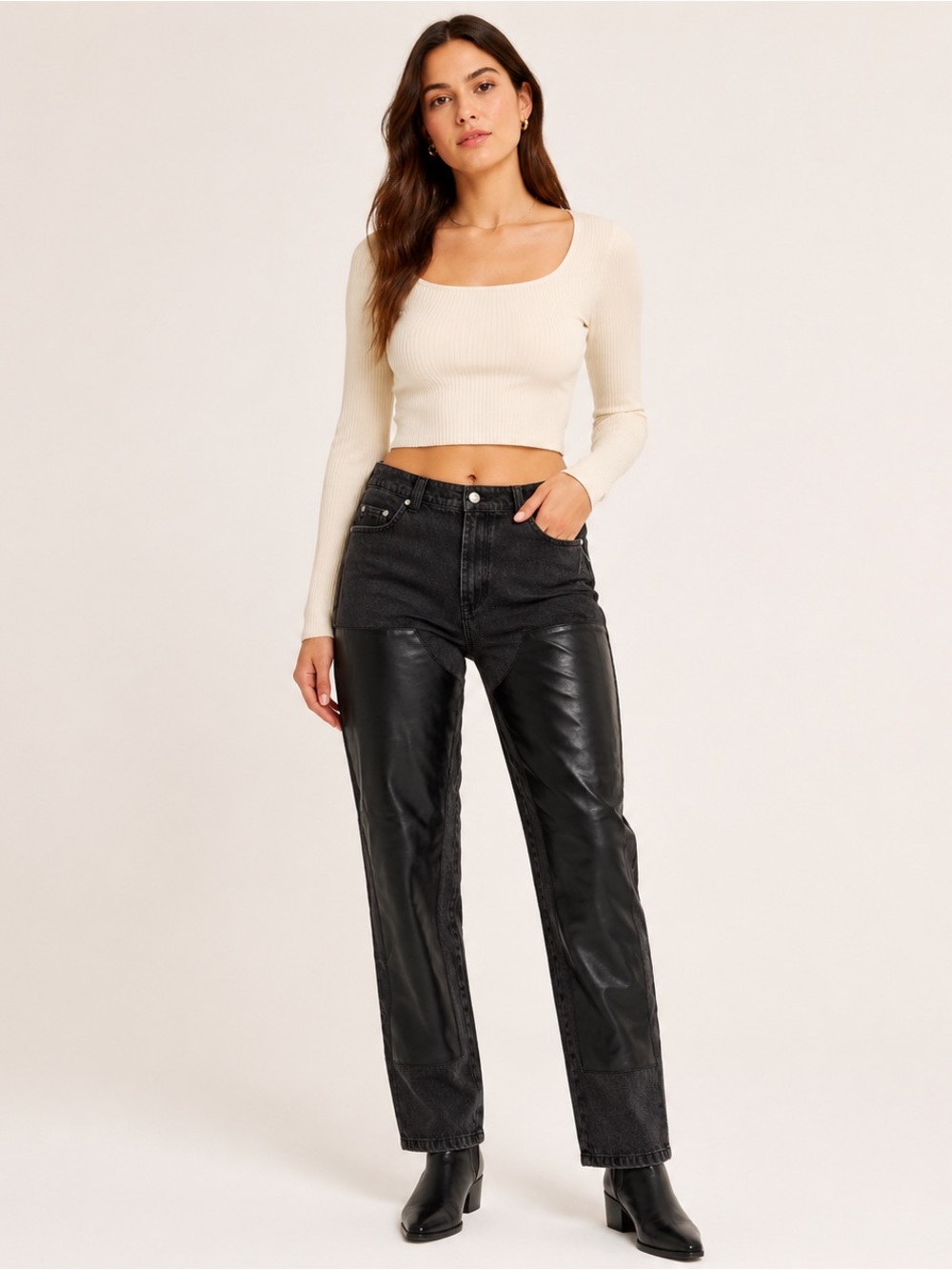 New Avec Les Filles Black Denim Faux Leather Panel Straight Leg Jeans